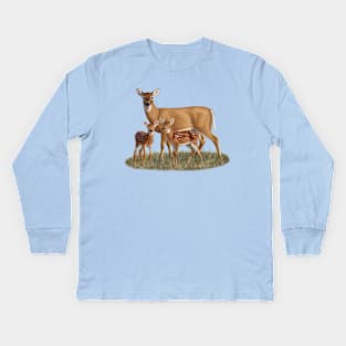 Whitetail Deer Doe and Cute Twin Fawns Kids Long Sleeve T-Shirt